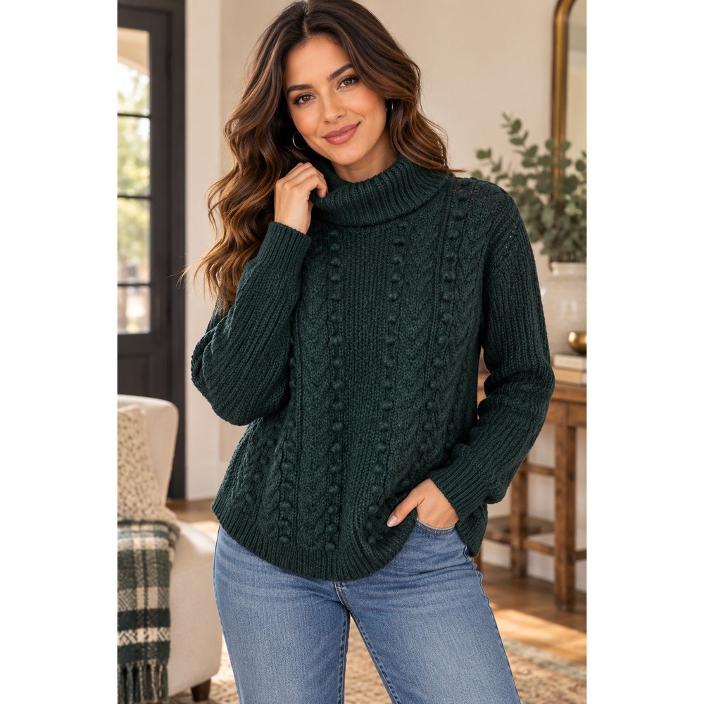 Talbots Cable Knit Turtleneck Sweater Womens M Dark Green Wool Blend Chunky